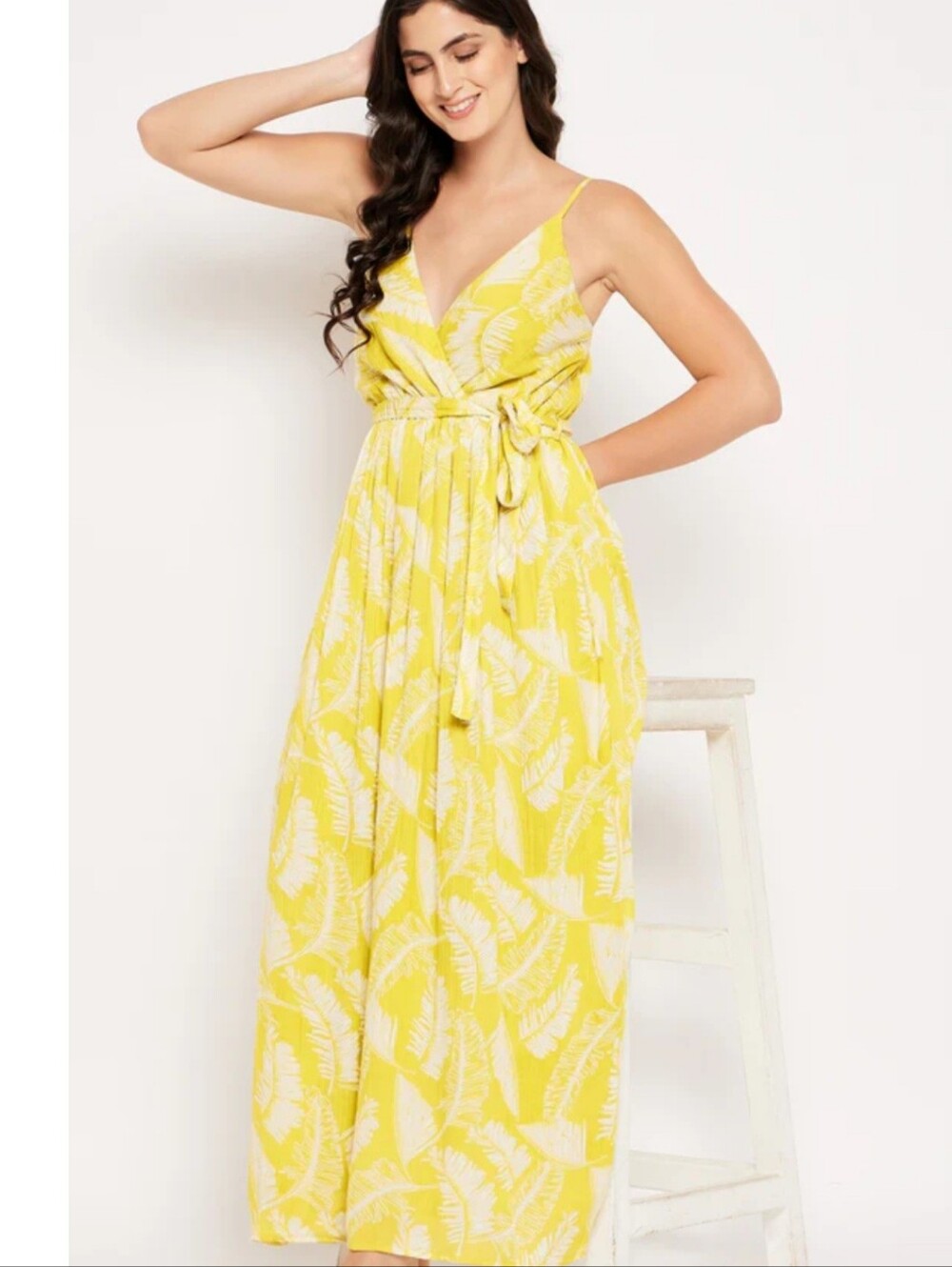 Sim & Sam Yellow Tropical Palm Leaf Print Maxi Dress with Tie Waist